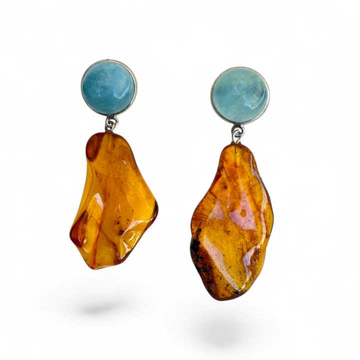 “Aquamarine and amber” earrings set in rhodium-plated silver