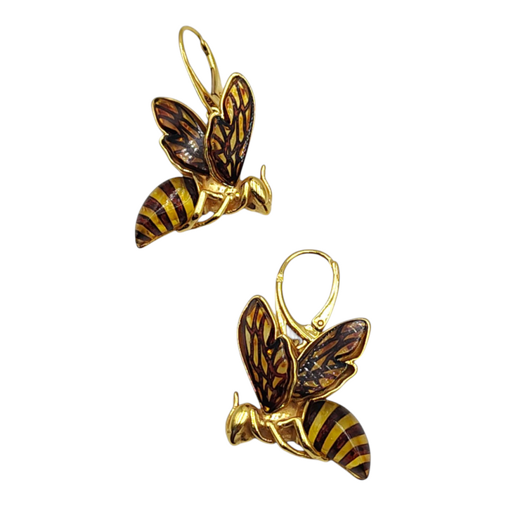 Amber bee earrings mounted on gold-plated silver
