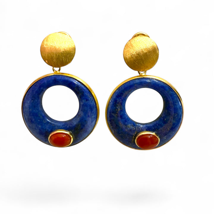 Orecchini cerchio di lapis e corallo montato in argento