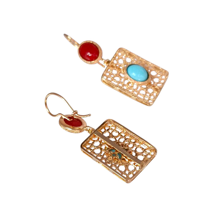 Red coral and turquoise paste earrings mounted on silver