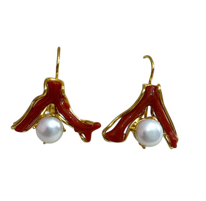 Orecchini corallo rosso montato in perle, acquamarina, malachite e argento dorato