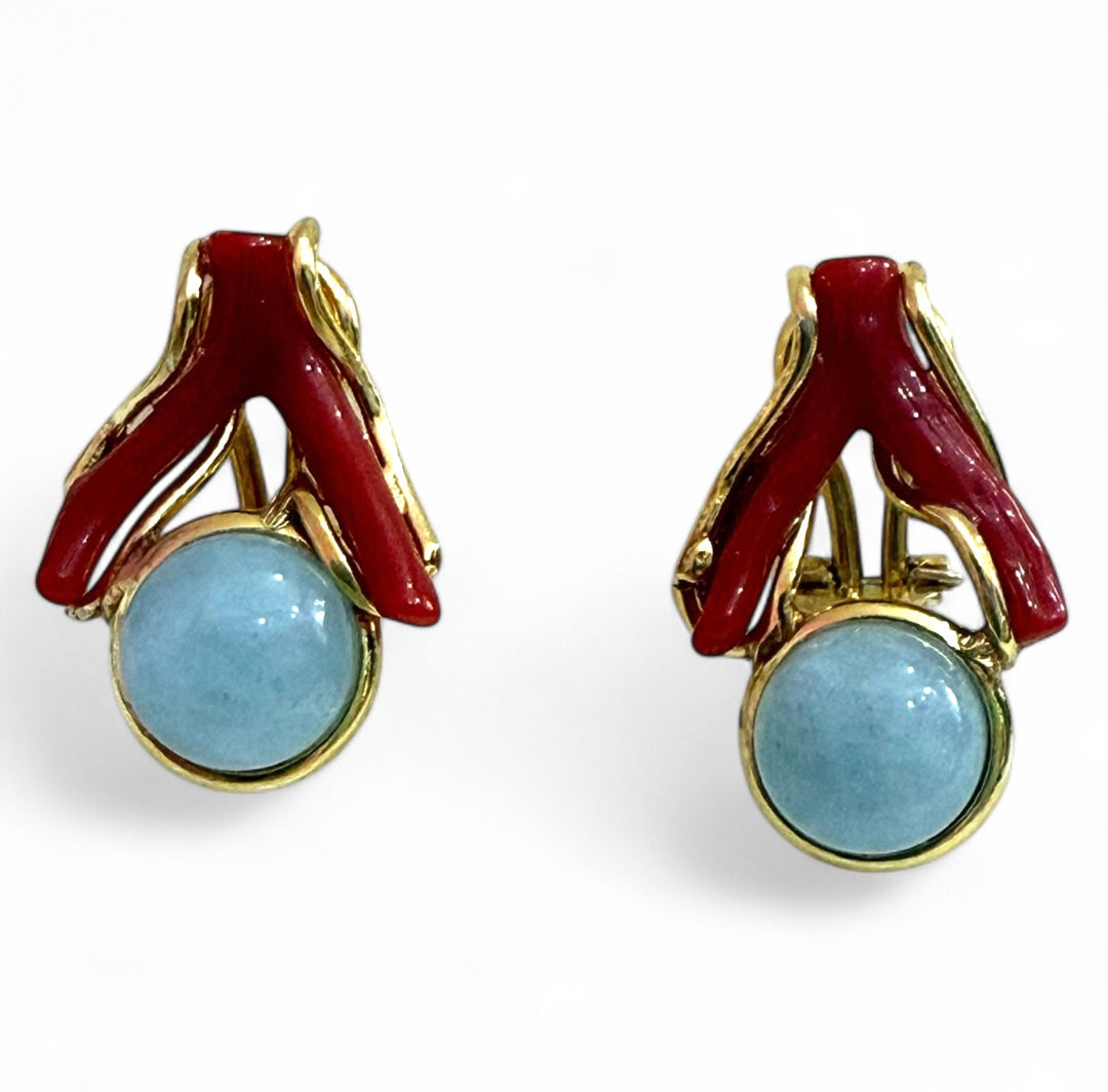 Orecchini corallo rosso montato in perle, acquamarina, malachite e argento dorato