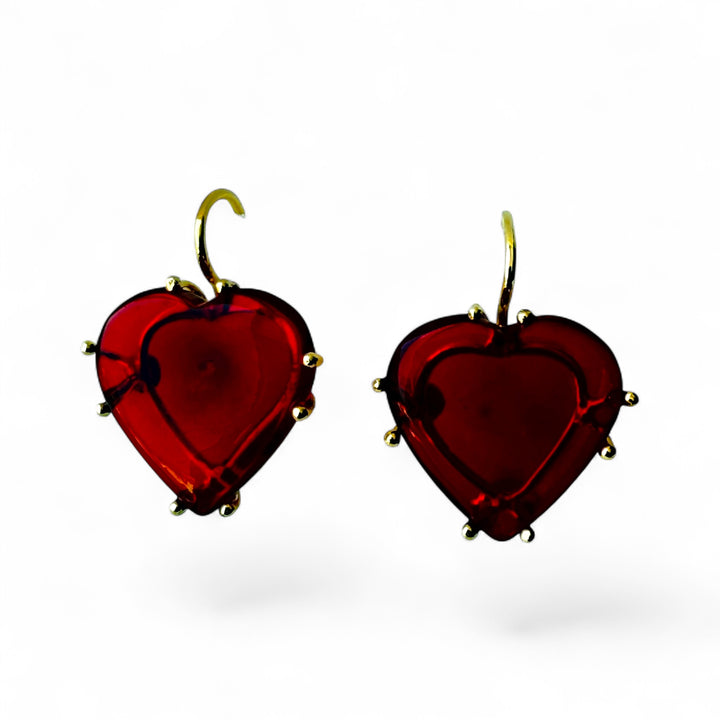 Red amber heart earrings set in gold-plated silver