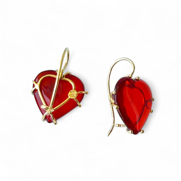 Red amber heart earrings set in gold-plated silver