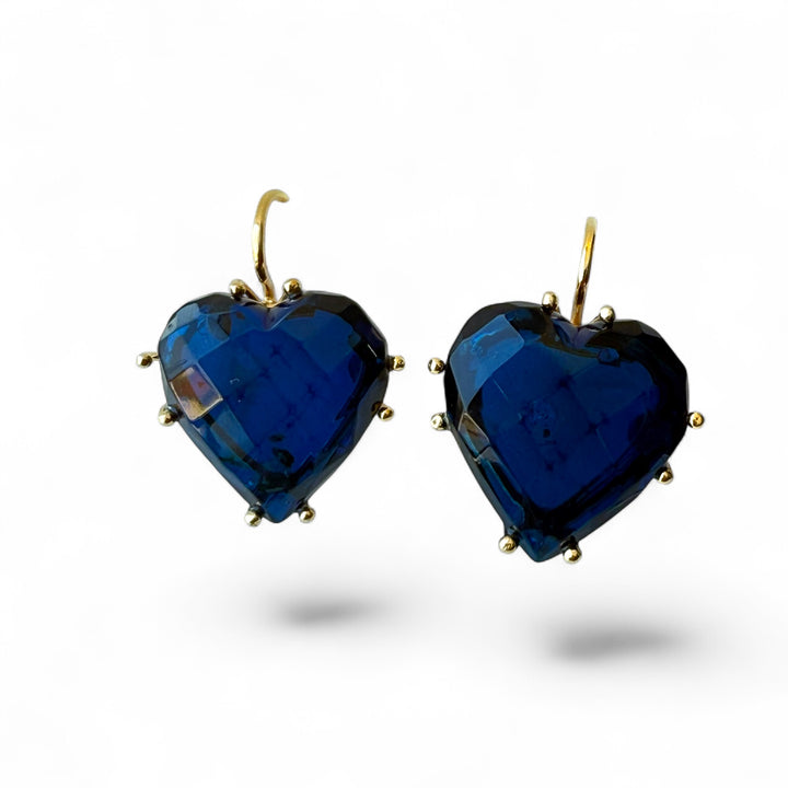 Faceted blue amber heart earrings mounted on gold-plated silver