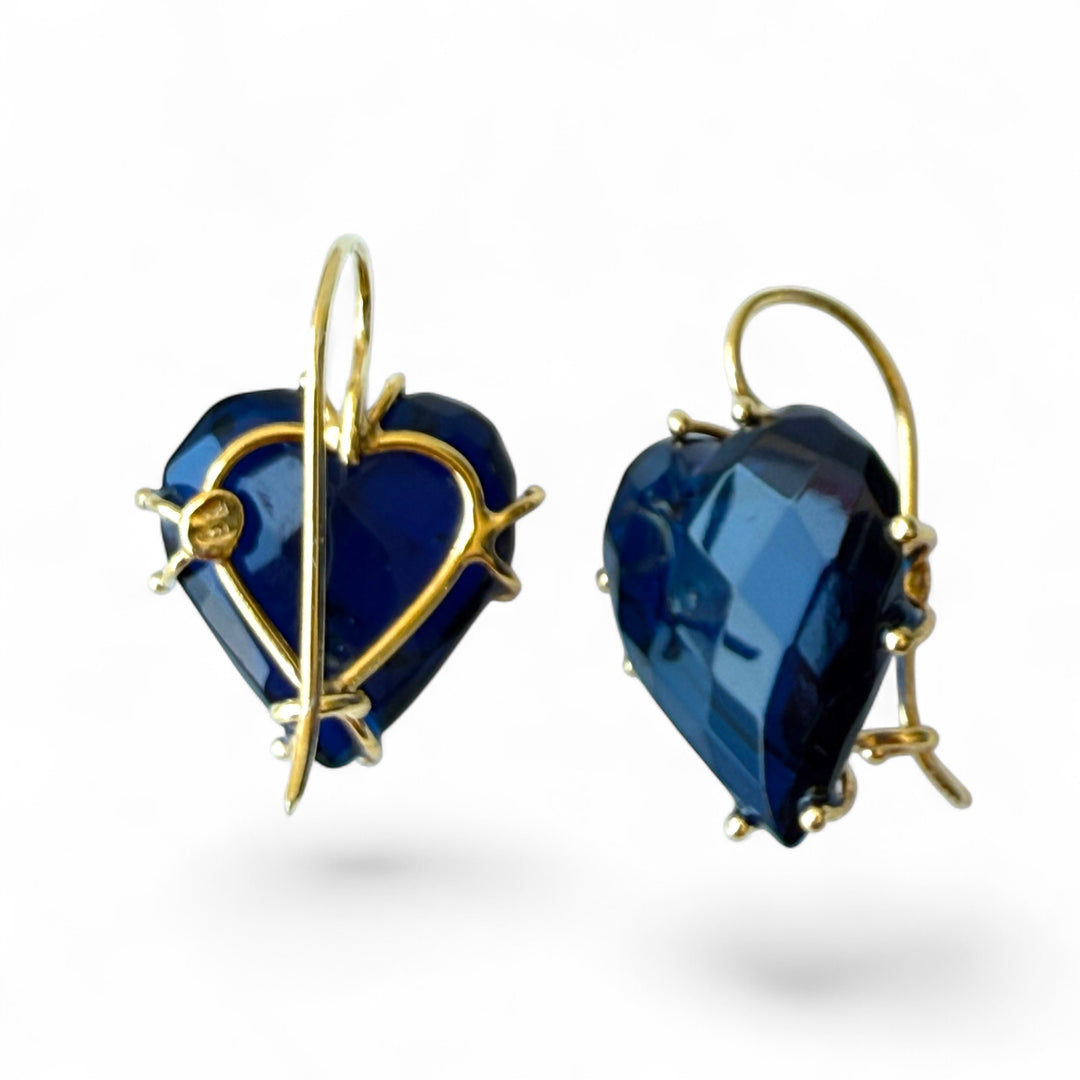 Faceted blue amber heart earrings mounted on gold-plated silver