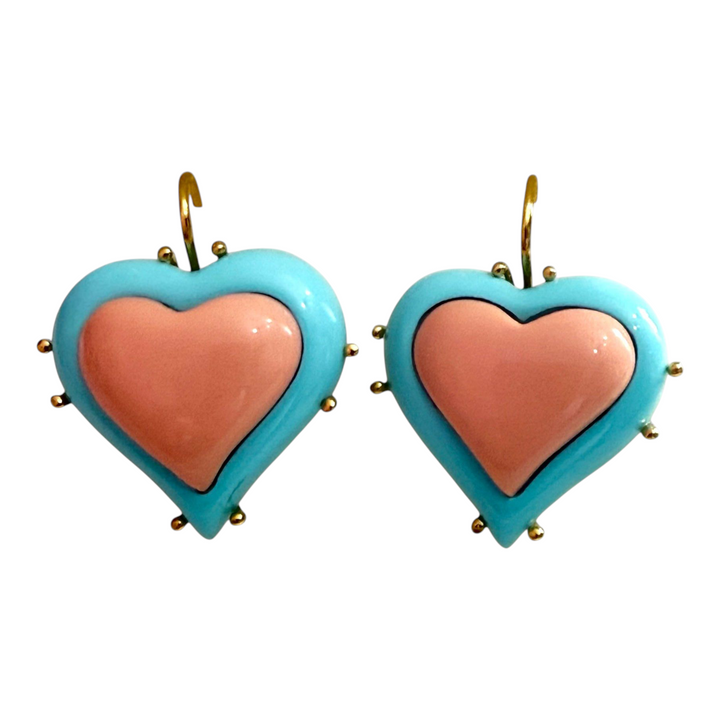 Orecchini “cuore” di pasta di turchese 4 fiori e pasta di corallo montato in argento