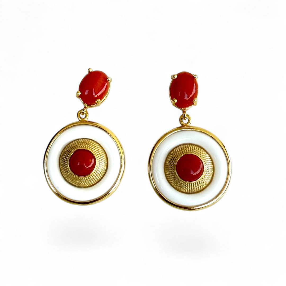 Orecchini di agata e corallo montati in argento galvanica oro