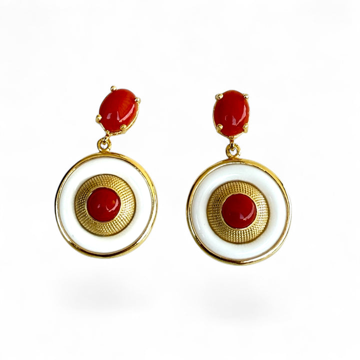 Orecchini di agata e corallo montati in argento galvanica oro