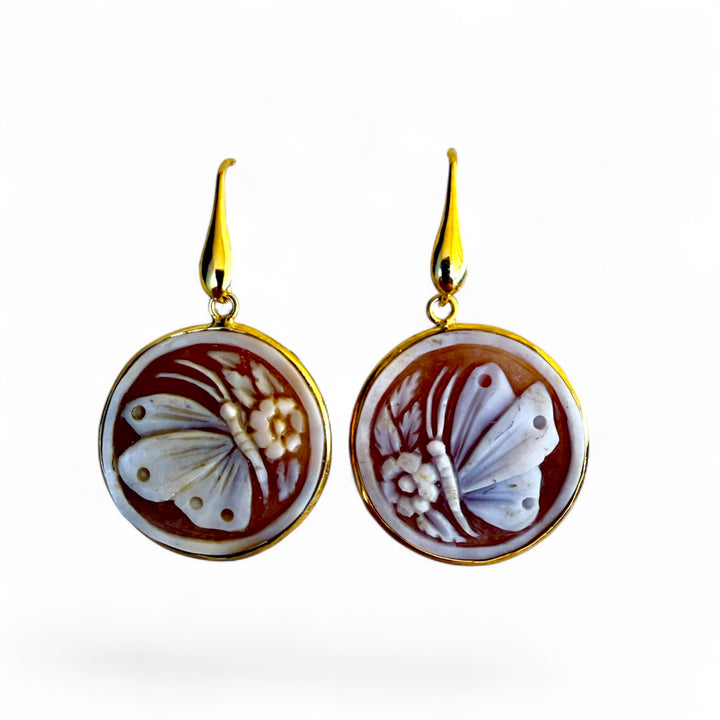 Sardonic cameo butterfly earrings mounted in gold-plated silver