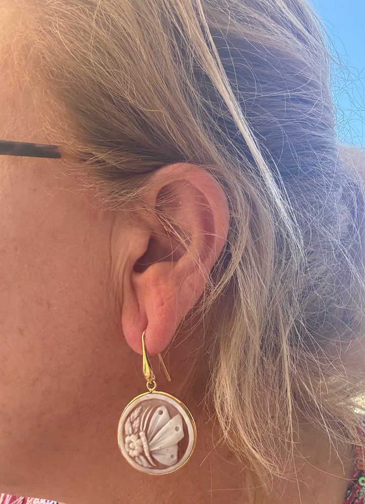 Sardonic cameo butterfly earrings mounted in gold-plated silver