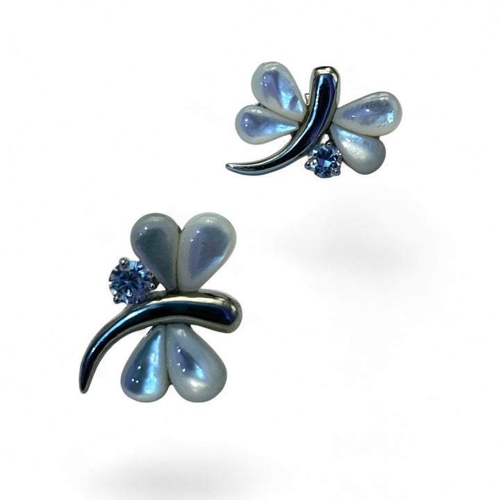 Mother-of-Pearl Butterfly Earrings, 925 Silver and Zircons