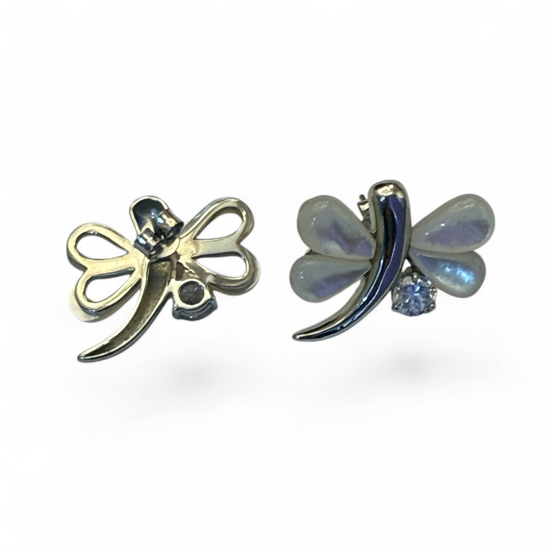 Mother-of-Pearl Butterfly Earrings, 925 Silver and Zircons
