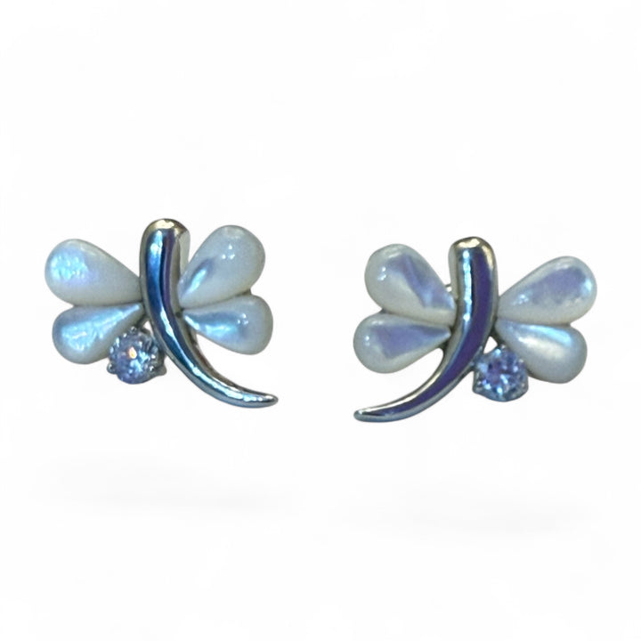 Mother-of-Pearl Butterfly Earrings, 925 Silver and Zircons