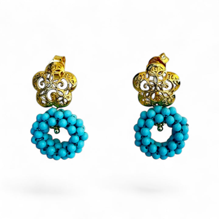 Gold-plated silver and woven turquoise paste flower earrings