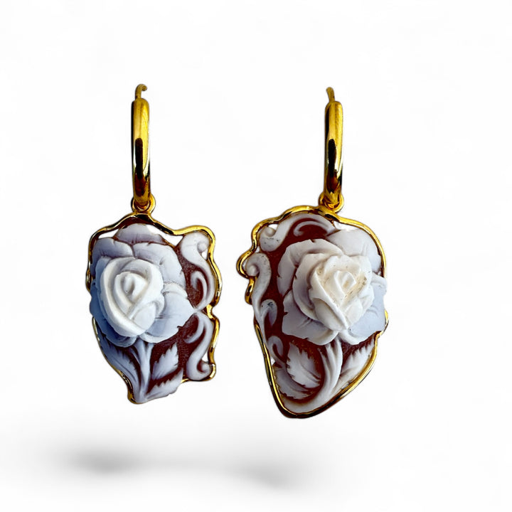 Sardonic cameo “flower” earrings mounted in gold-plated silver