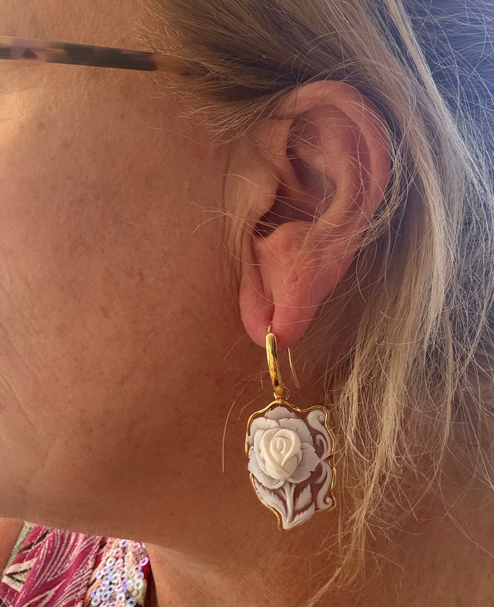 Sardonic cameo “flower” earrings mounted in gold-plated silver