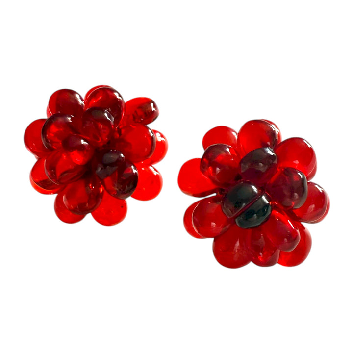 Orecchini “fiori” di ambra rossa del baltico, montati  in argento dorato