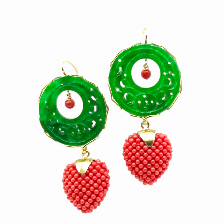 Idea San Valentino - orecchini cuore corallo, giada verde montato su argento