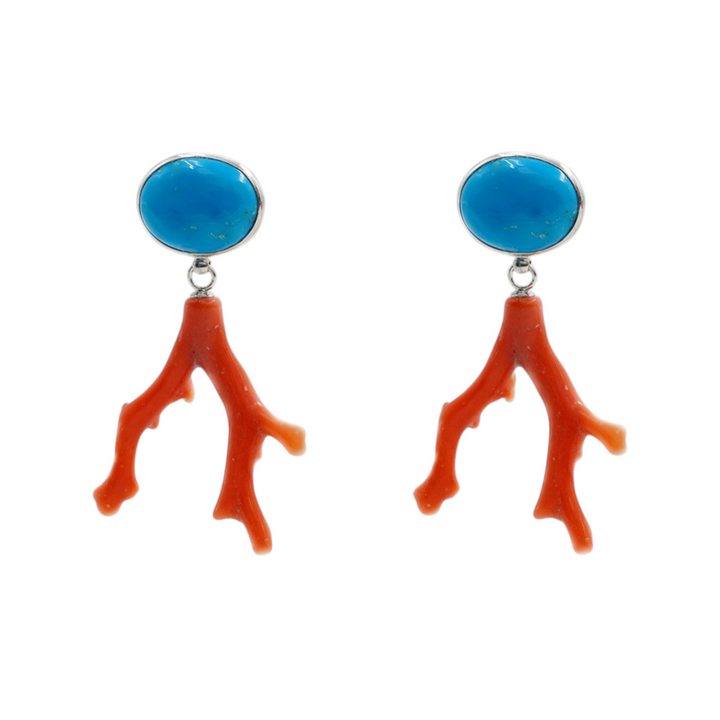 Orecchini in corallo e turchese montati su argento
