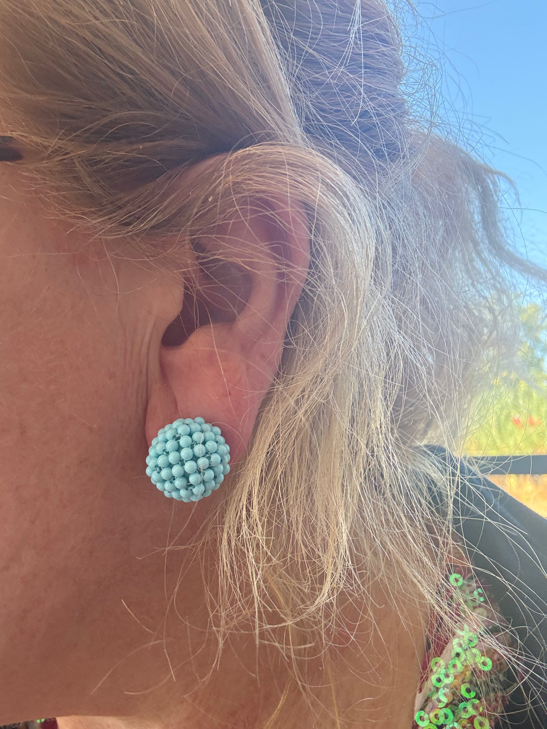 Turquoise paste earrings with fabric workmanship mounted on silver
