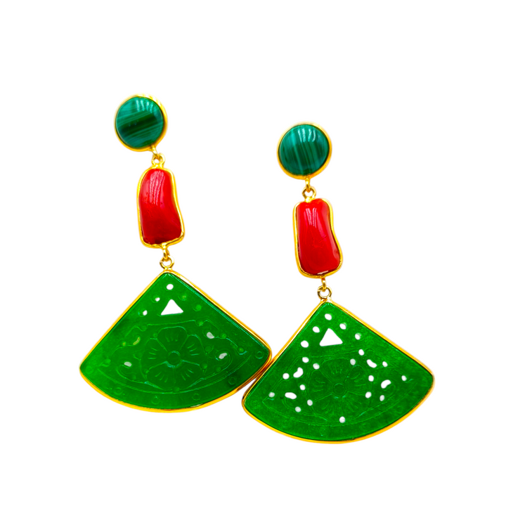 Oriental earrings on coral and jade mounted on silver