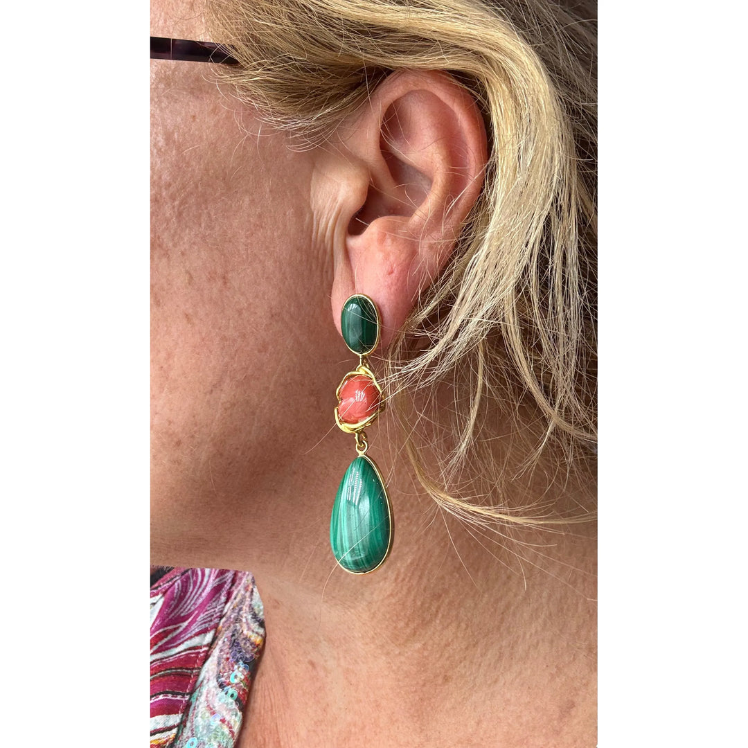 Orecchini malachite e corallo montato in argento