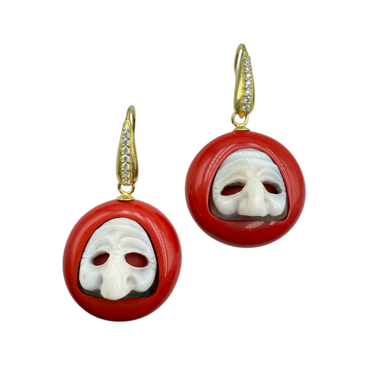 Neapolitan mask earrings in sardonic cameo mounted on red agate