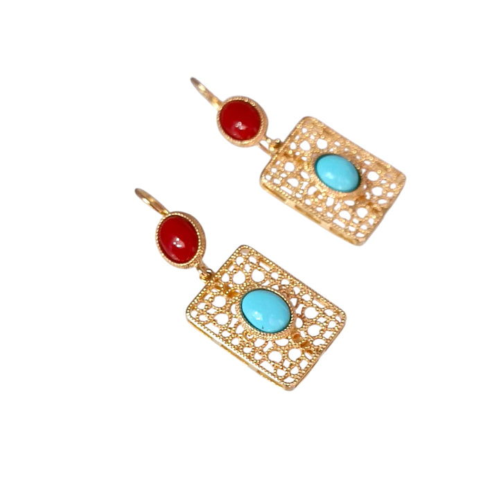 Red coral and turquoise paste earrings mounted on silver