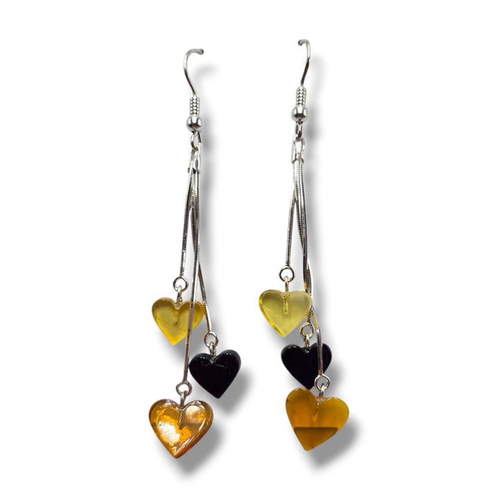Multicolored amber heart pendant earrings set in silver