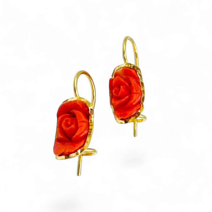 Coral rose earrings set in gold-plated silver