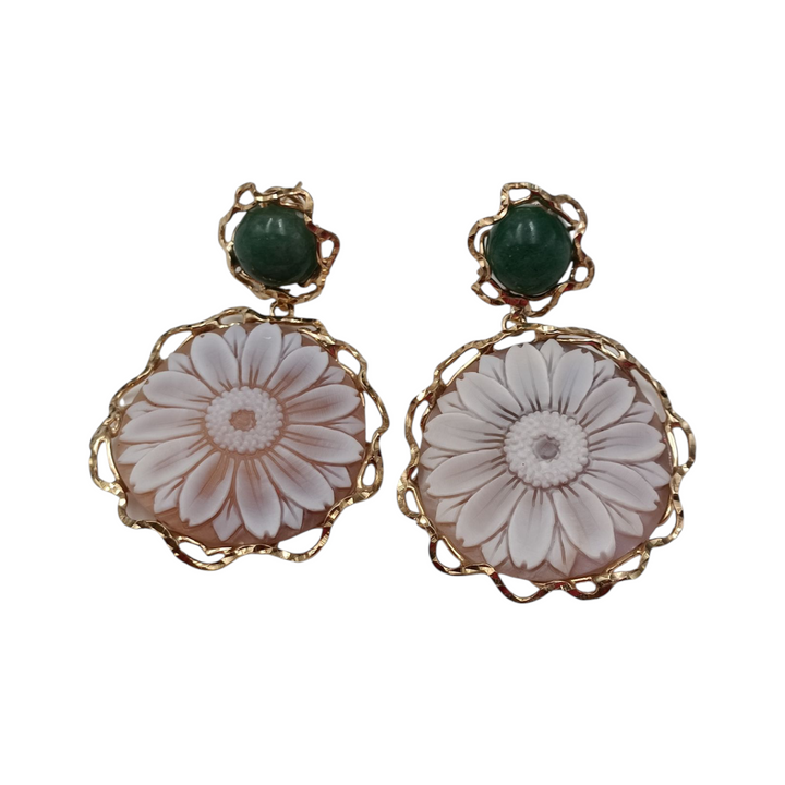 Round Daisy Cameo Earrings Mounted on Silver