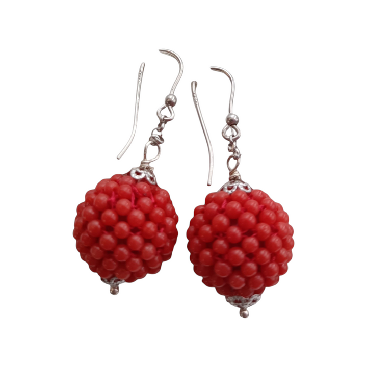 Real red coral sphere earrings mounted on silver