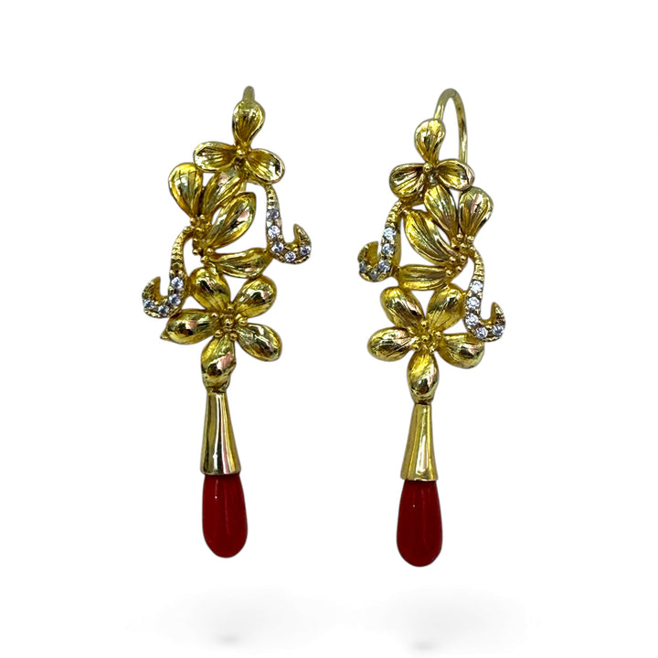 Orecchini Goccia di Corallo, Argento Dorato e Zirconi