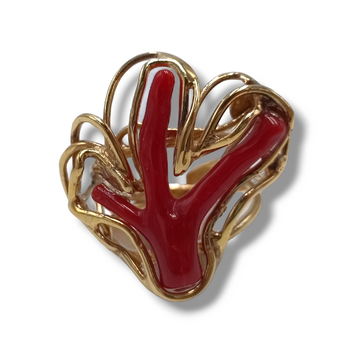 Coral branch ring mounted on silver