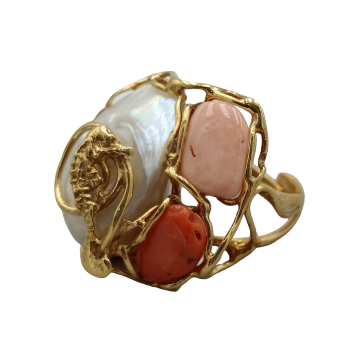 Real coral and pearl ring mounted on silver 