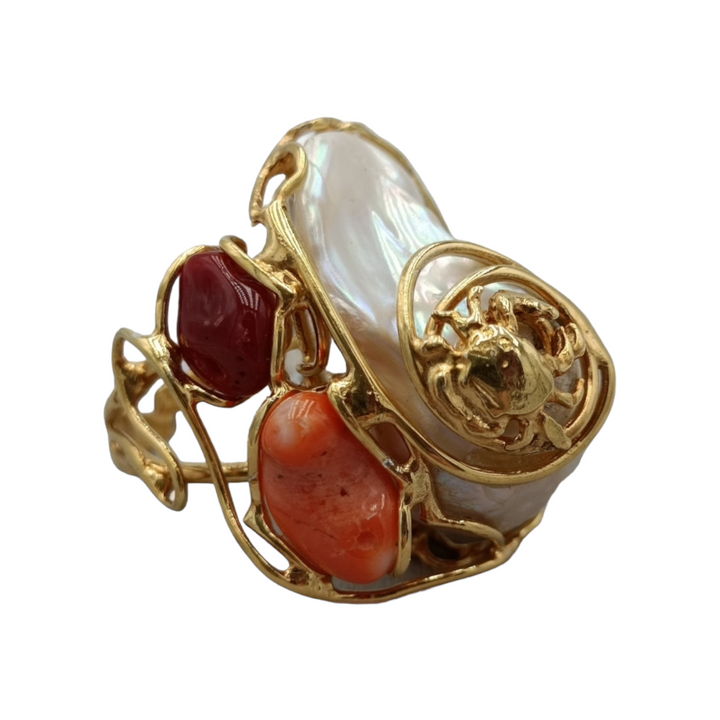 Real coral and pearl ring mounted on silver 