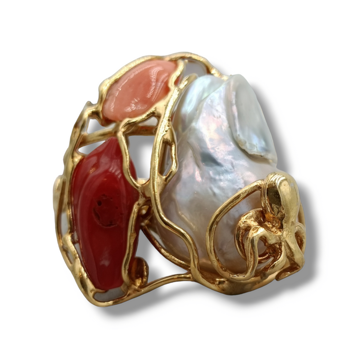 Real coral and pearl ring mounted on silver 