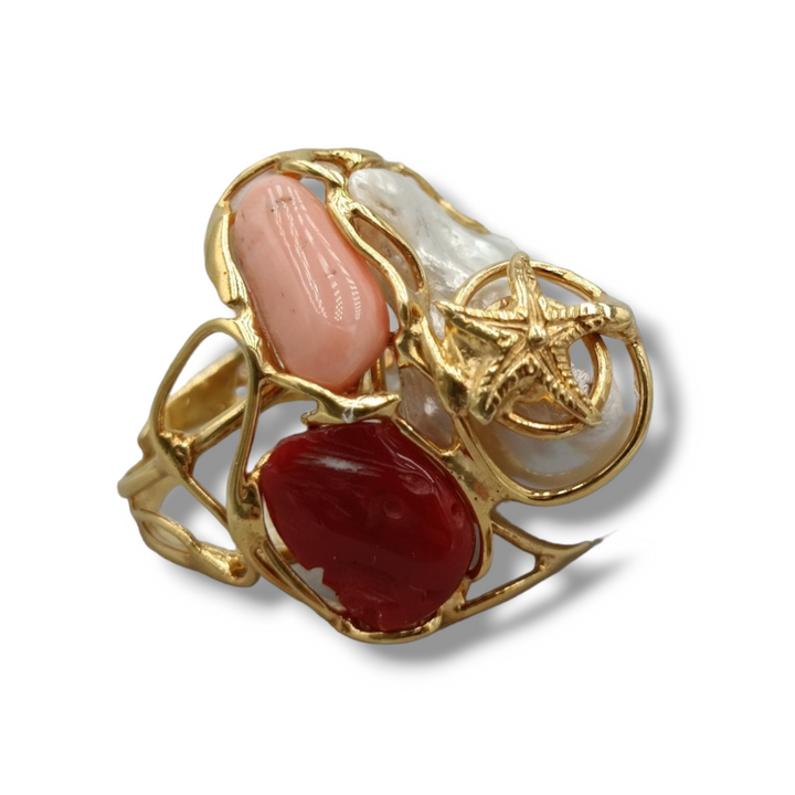Real coral and pearl ring mounted on silver 
