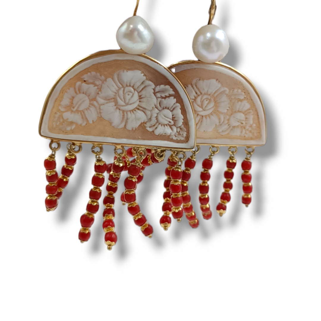Cameo and coral flower arch earrings mounted on silver