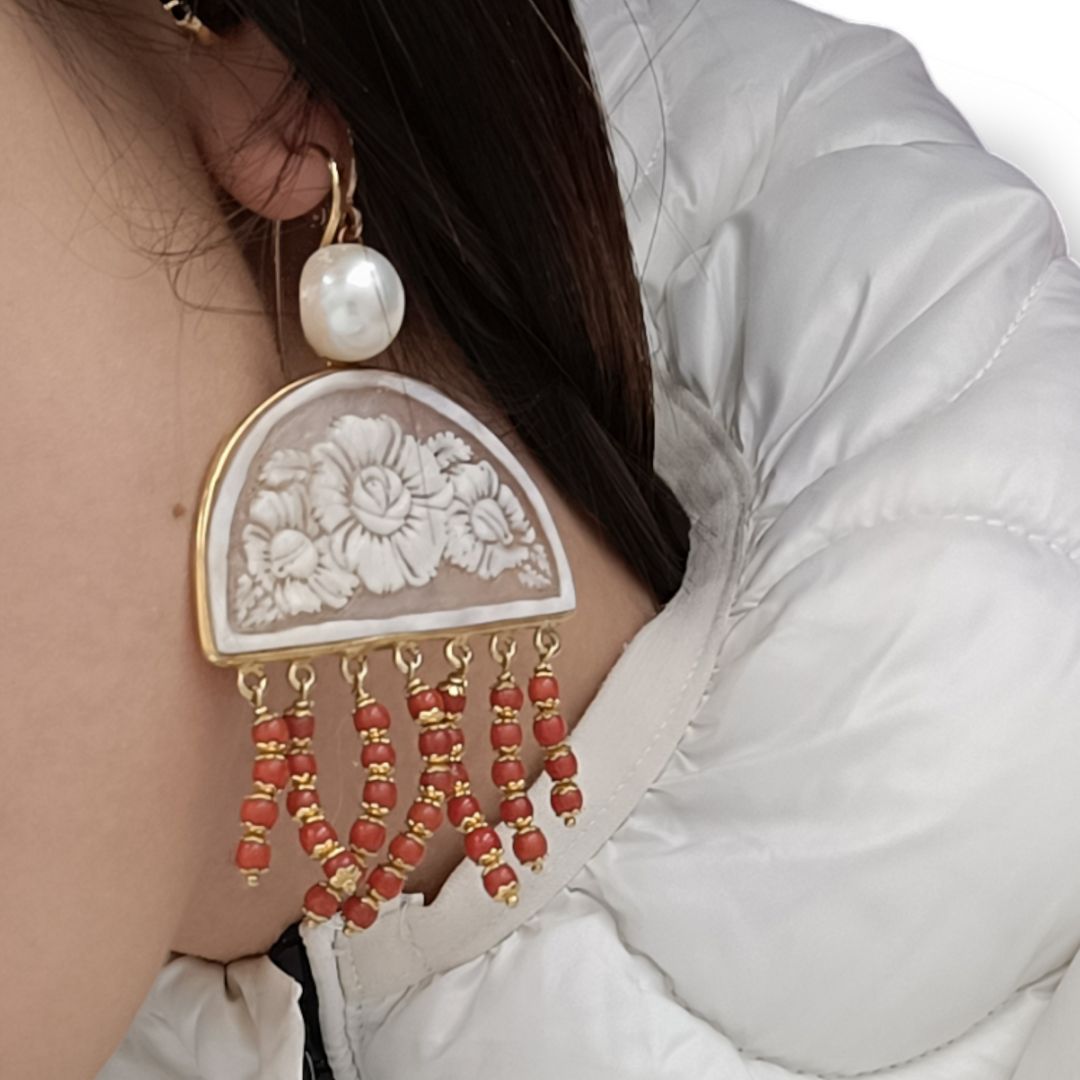 Cameo and coral flower arch earrings mounted on silver