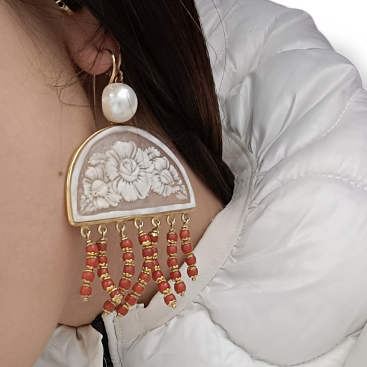 Cameo and coral flower arch earrings mounted on silver