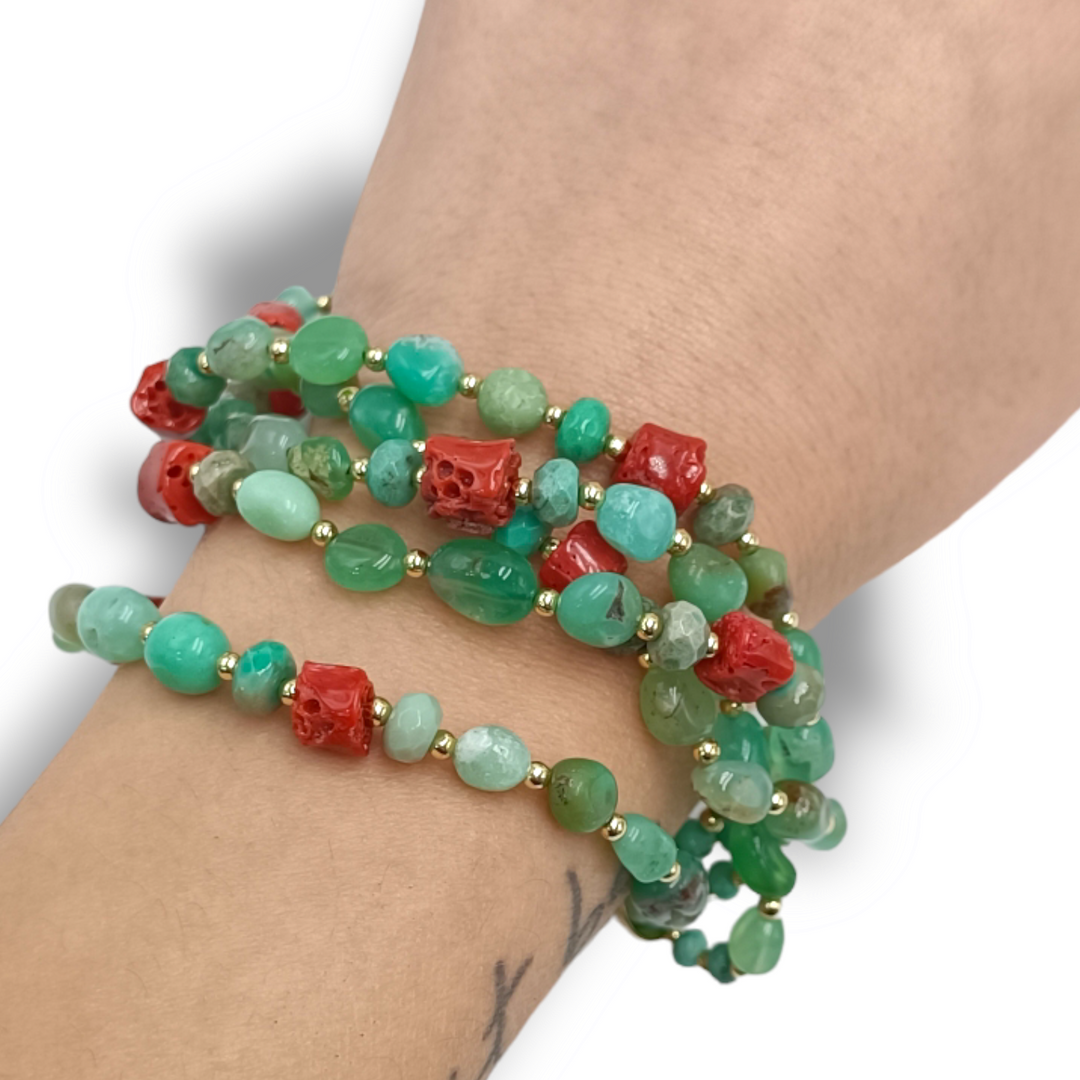 Bracciale perline in corallo e agata montato su argento