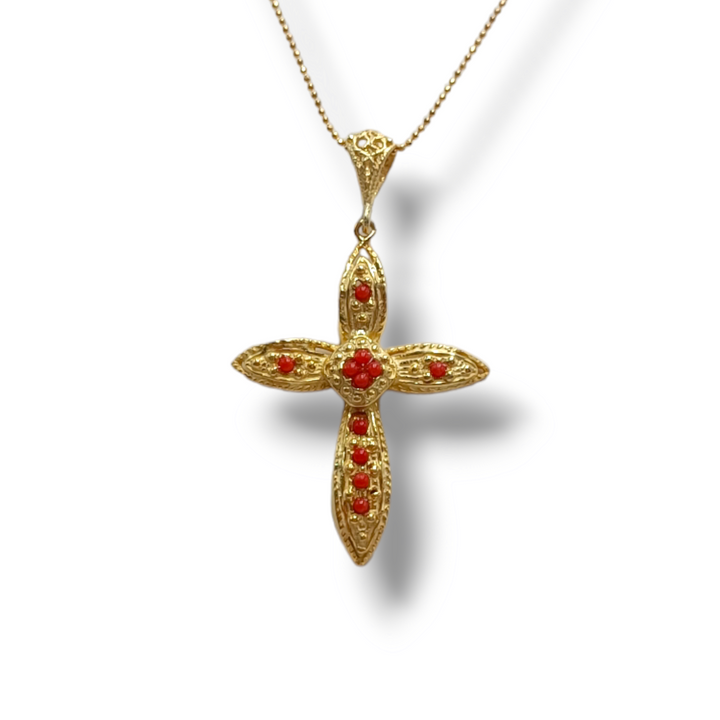 Collana croce in corallo montato su argento