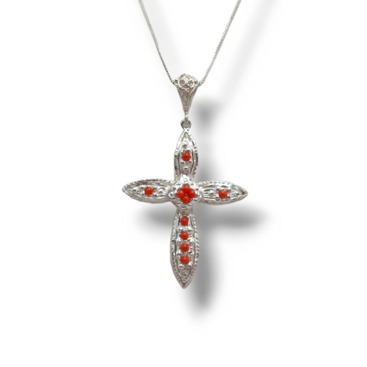 Collana croce in corallo montato su argento
