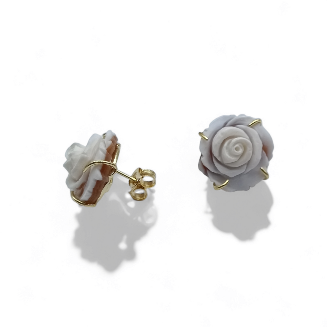 Rose embossed cameo earrings mounted on silver
