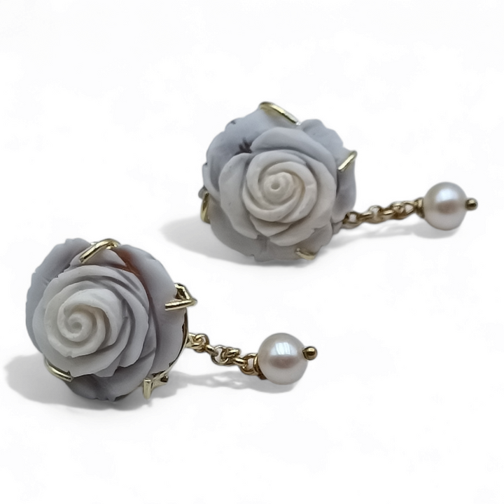 Pearly rose cameo earrings mounted on silver