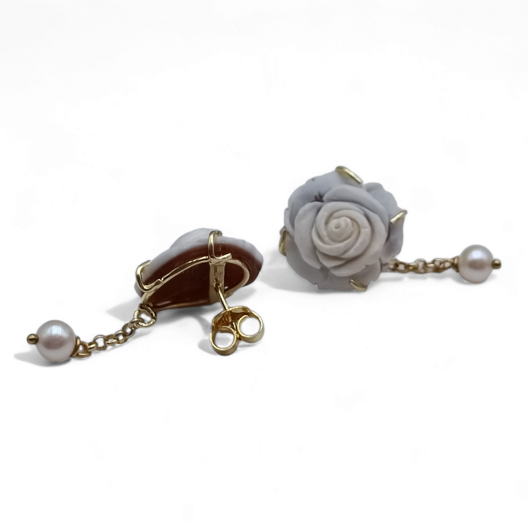 Pearly rose cameo earrings mounted on silver