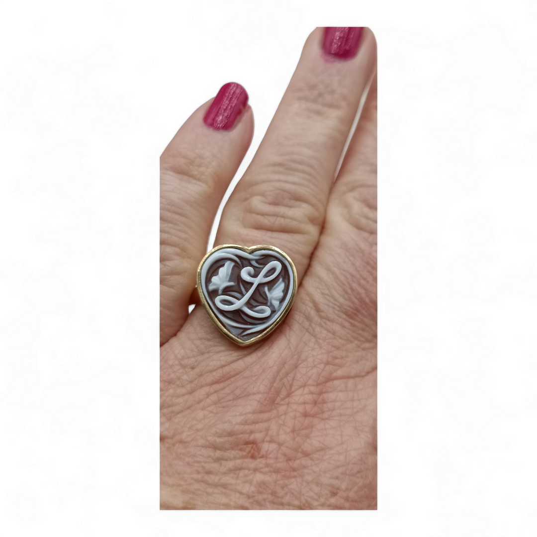 Valentine's Day Idea - Heart Letter Ring, Personalized, in Cameo and Mounted in Silver
