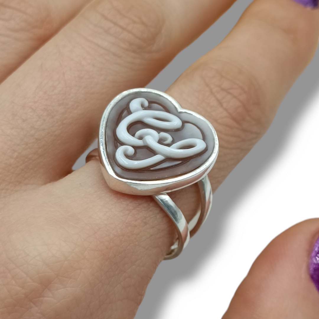Personalized Letter Ring, Love Intertwining, in Cameo and Silver
